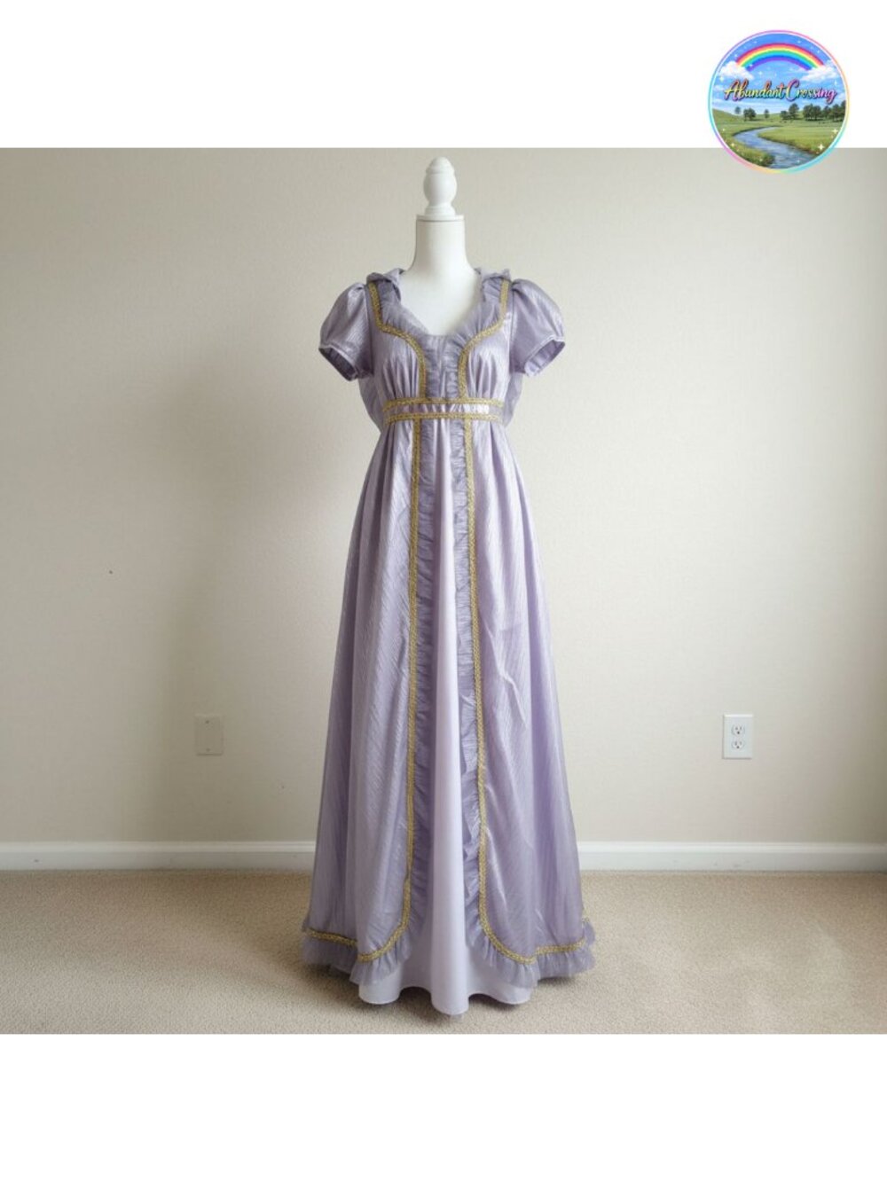 Regency Empire Waist Victorian Tea Party Gown Lace Ruffle Puff Sleeve